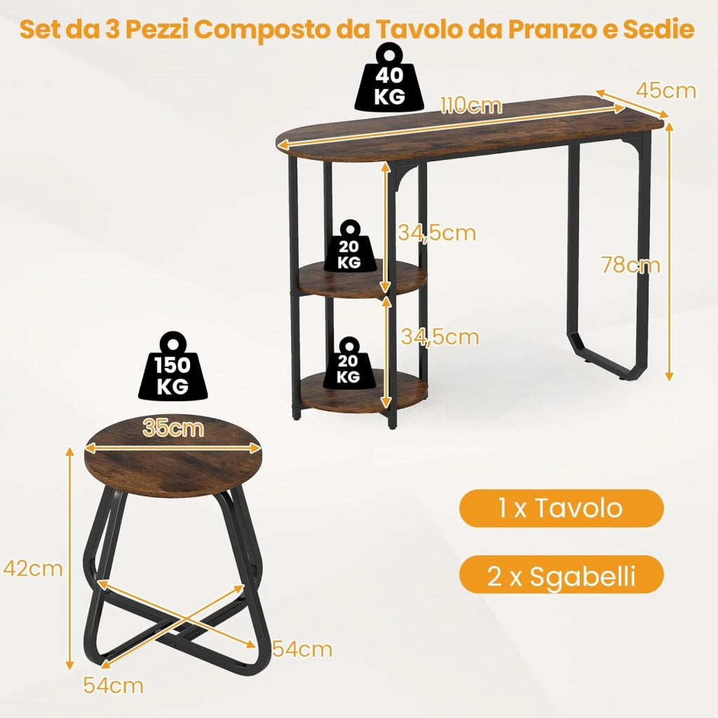 Set da Pranzo Industriale 3 Pezzi, Tavolo da Cucina in Legno con 2 Sgabelli e Ripiani Portaoggetti, Set da Pranzo Salvaspazio per Appartamenti, Cucina e Soggiorno (Caffè)