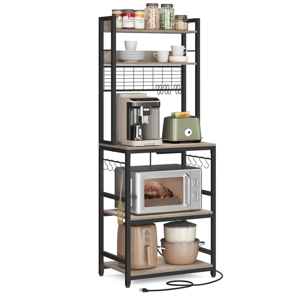Mensola da cucina con multipresa supporto per microonde ripiano portaoggetti con pannello in rete metallica 14 ganci 40 x 80 x 170 cm marrone 12_0005672