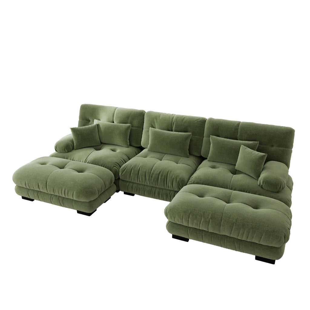 Divano modulare angolare a U con seduta profonda e pouf mobili, in ciniglia verde 313 × 145 × 81 cm