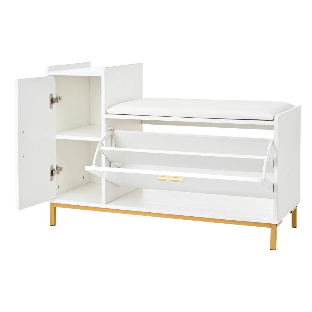 Scarpiera con seduta 100 x 38 x 68 cm, bianco e oro, con 2 ripiani, 1 vano e finitura lucida