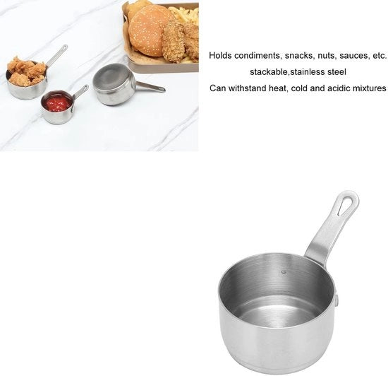 Mini Piatto di Acciaio Inossidabile 304 - Manico - Progettazione Stacking - Cottura/Frittura - 50ml - Ideale per Latte/Salse - Piatto per Latte