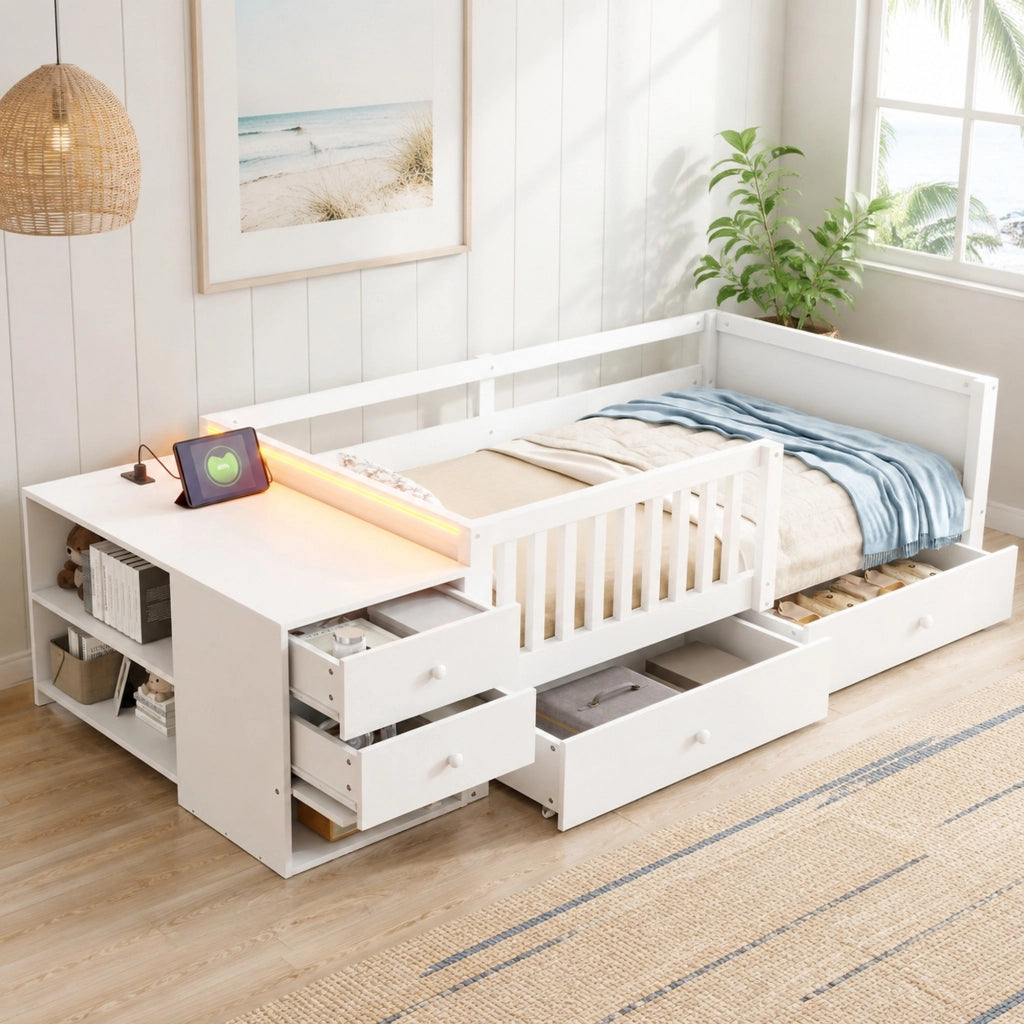 Letto per bambini 90x200 cm con contenitore separato; LED e presa; legno bianco
