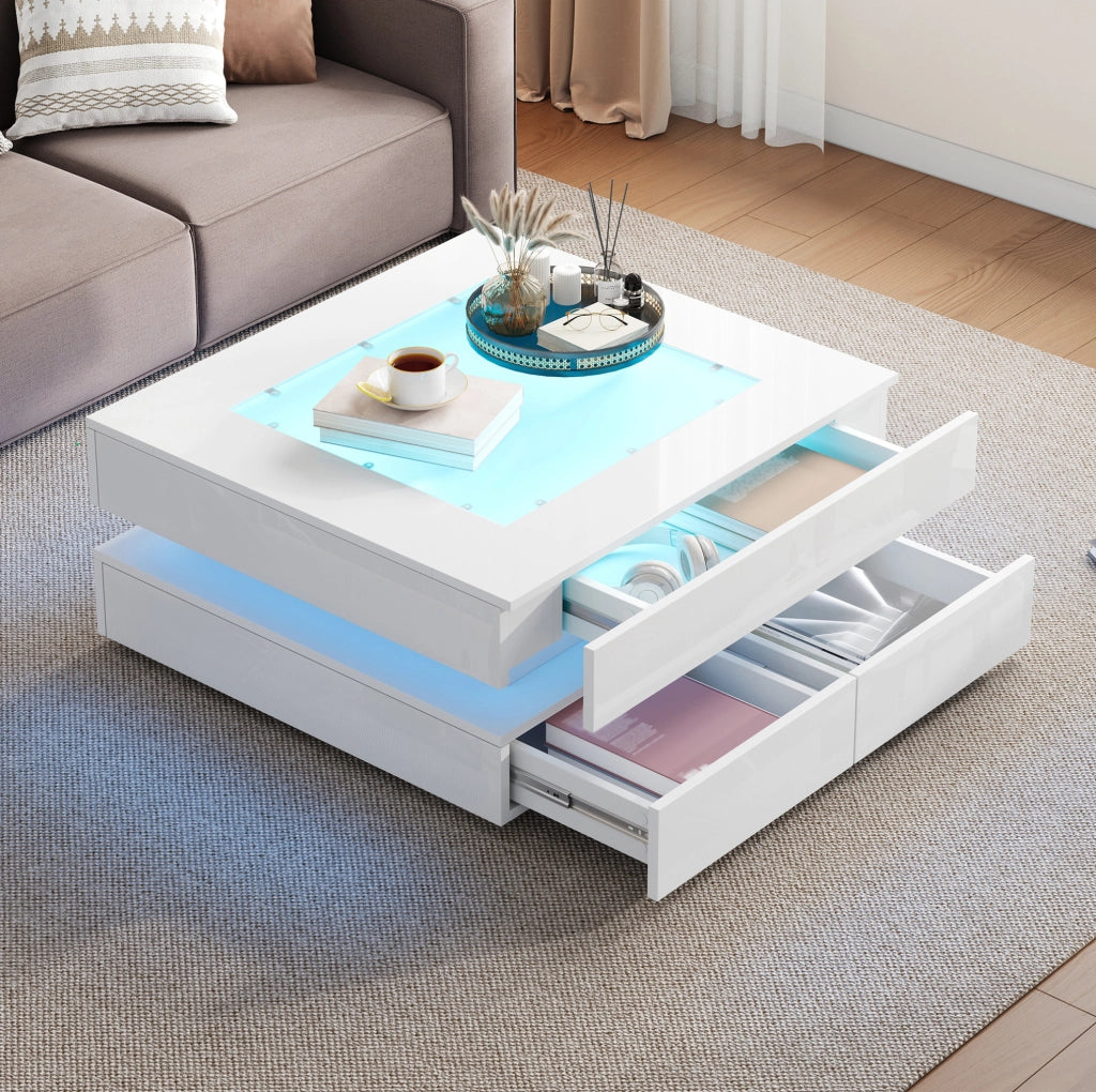 Tavolino da caffè LED bianco 70x70x35 cm con 3 cassetti