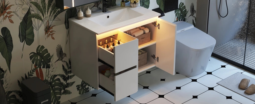 Mobile sottolavabo con 2 cassetti e lavabo integrato, LED a sensore radar, per bagno, in MDF e ceramica, bianco, 76 × 47 × 57 cm