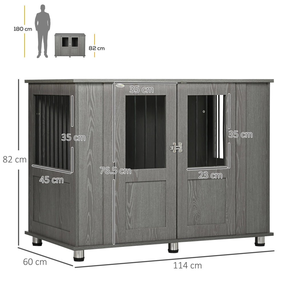 Gabbia per cani grande in legno grigio con tavolo integrato