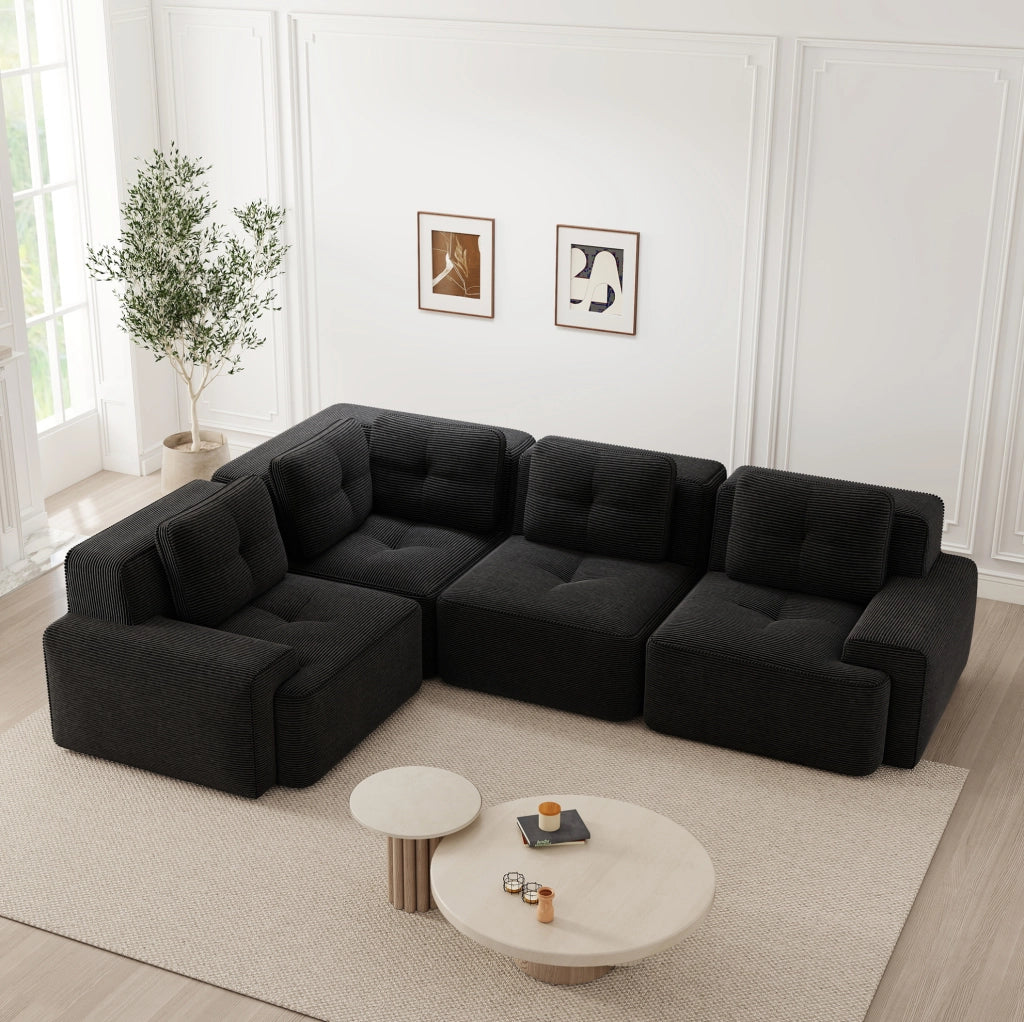 Divano angolare modulare 295x206x69 cm in velluto a coste nero; senza montaggio