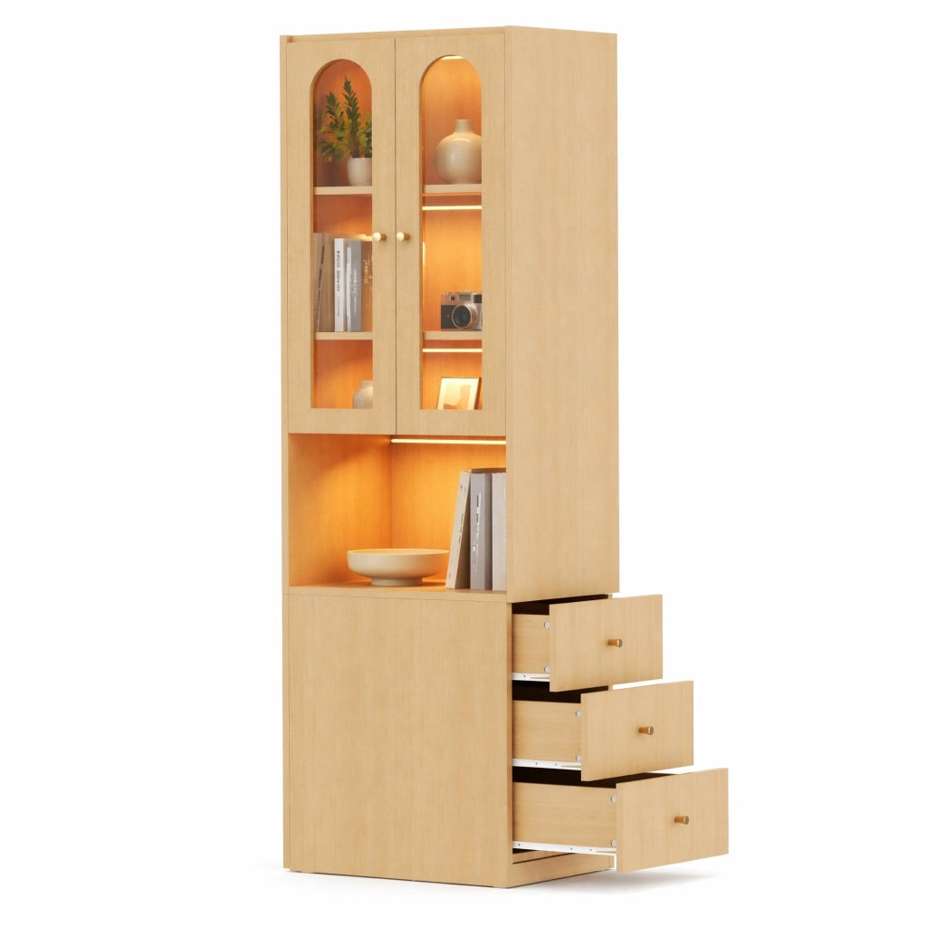 Libreria alta e stretta 60x40x200 cm effetto rovere, vetrina in vetro temperato, LED multicolore, 3 cassetti, reversibile