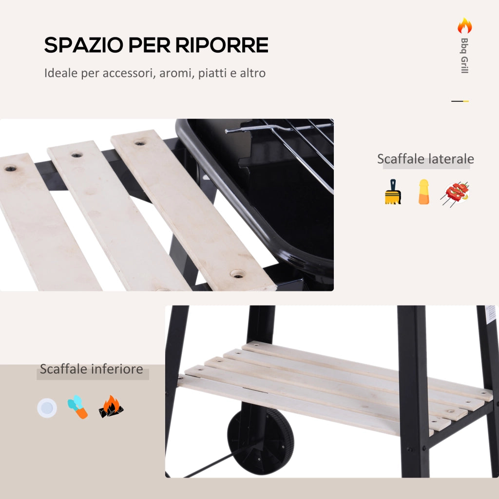 Barbecue a Carbone con Griglia Regolabile, Ripiani e Ruote, 83x37x87cm, Nero