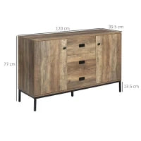 Credenza Moderna in Truciolato e Metallo con 2 Armadietti a 2 Ante con Ripiani e 3 Cassetti, 120x39.5x77 cm