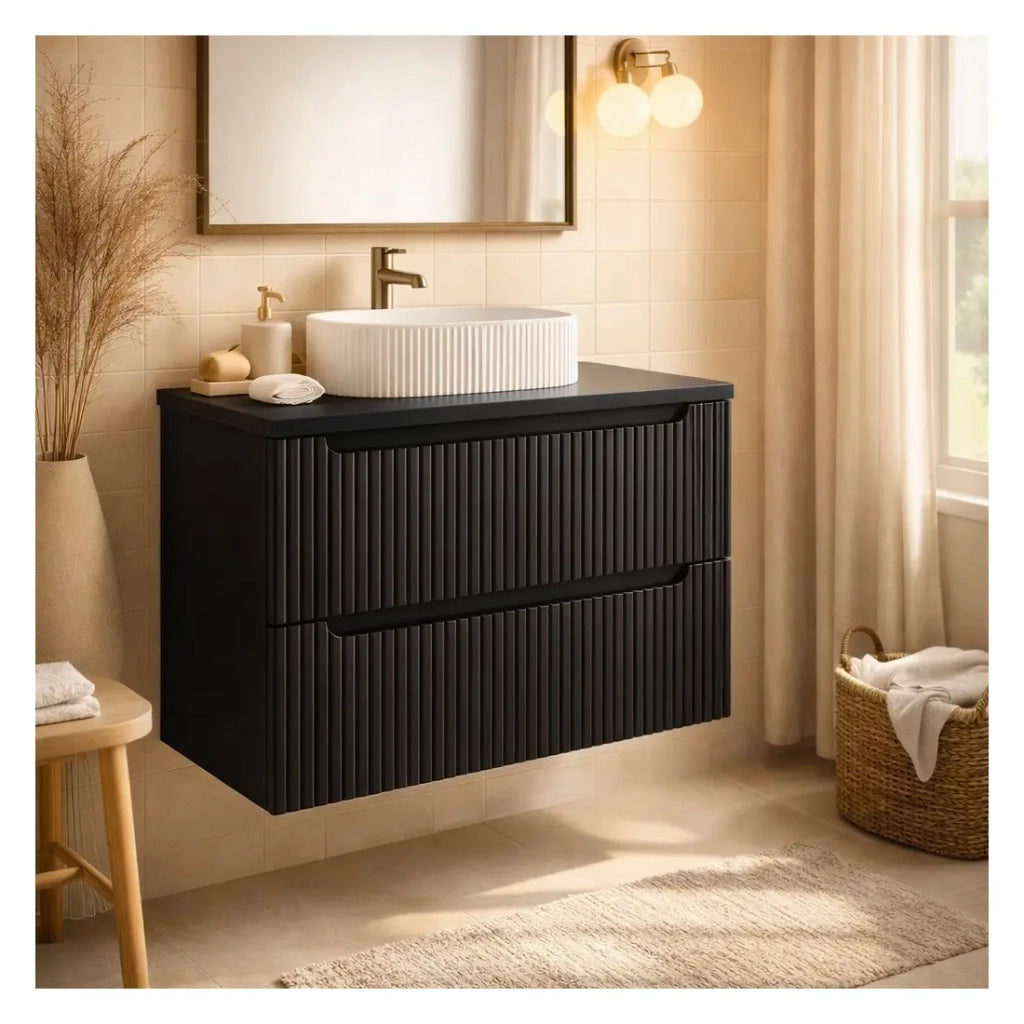 Insieme VANO 80cm: mobile sottolavabo con cassetti + piano per lavabo nero opaco + lavabo da appoggio bianco scanalato