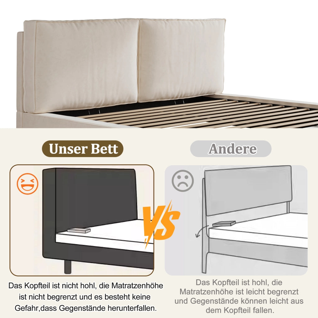 Letto imbottito con contenitore idraulico e testiera, 180x200 cm, velluto beige