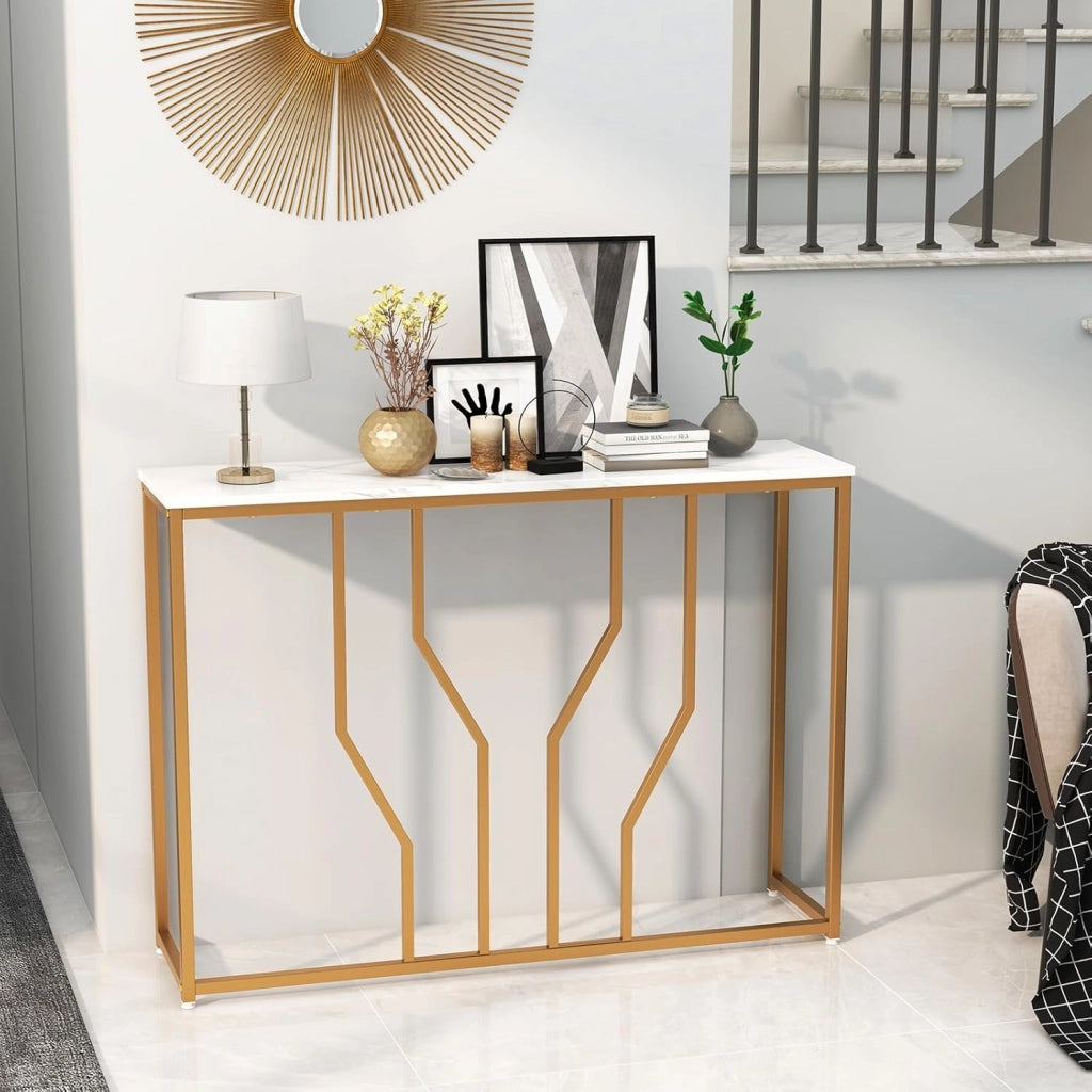 Tavolo Consolle 110cm, Tavolo da Ingresso con Piano Effetto Marmo, Struttura in Metallo, per Soggiorno, Corridoio, Ingresso
