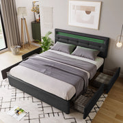 Letto matrimoniale in lino grigio con LED, 4 cassetti, testiera regolabile e rete a doghe