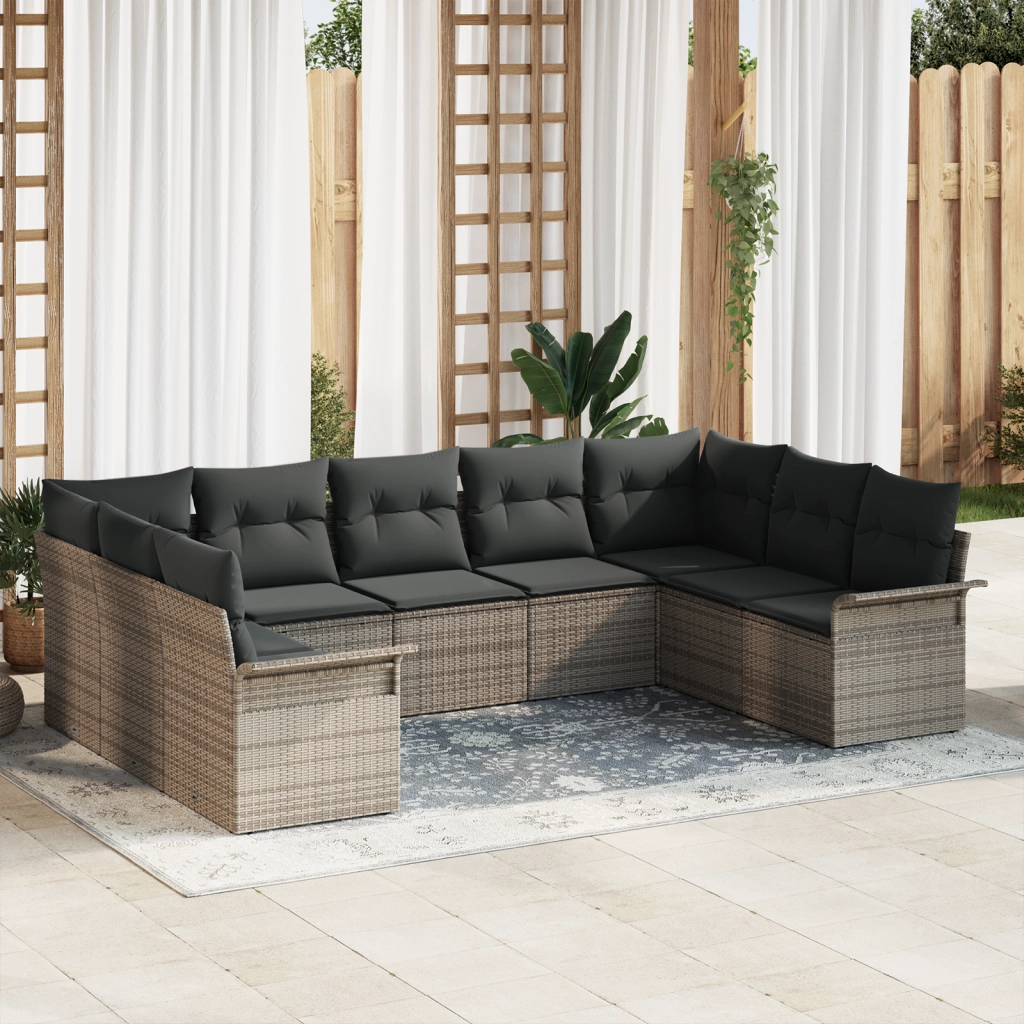 Set divano da giardino a 9 pezzi con cuscini in polyrattan grigio