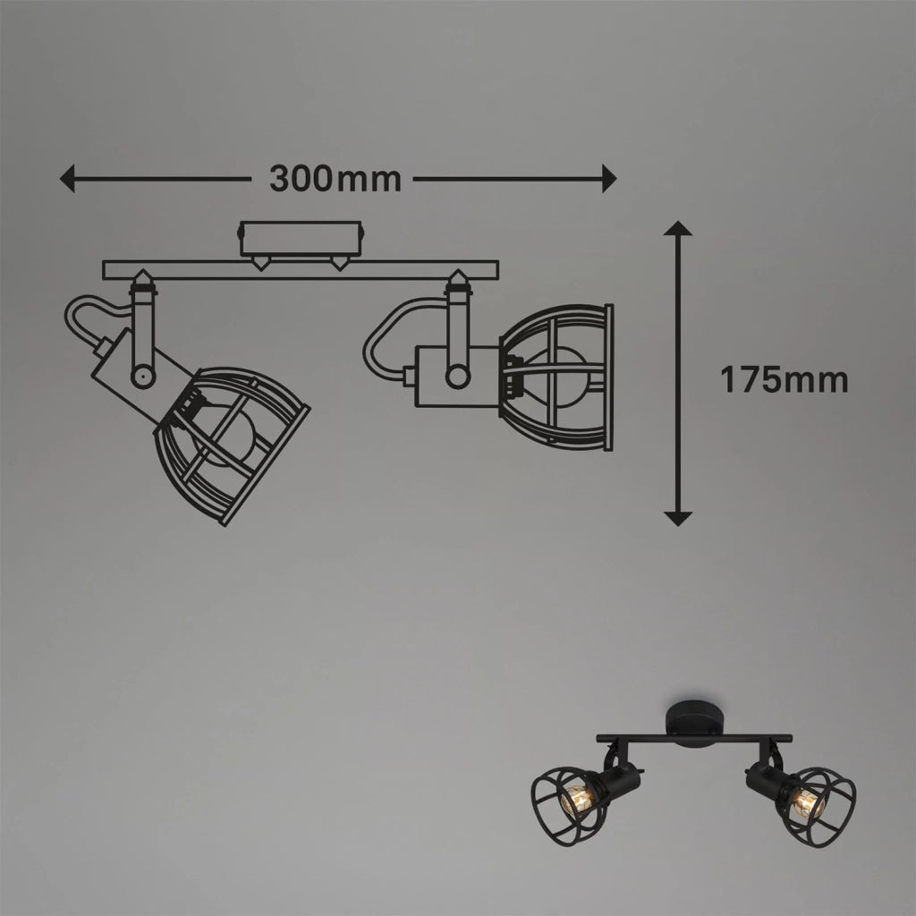 Plafoniera Vintage Korbo Acciaio Nero 2 Luci E14 Ip20