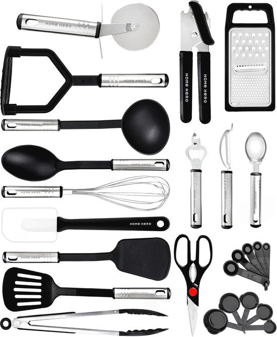 Set di Cucina in Nylon da 25 pezzi - Accessori da Cucina Resistenti al Calore con Manico in Acciaio Inossidabile - Set Completo per Pannini Antiaderenti