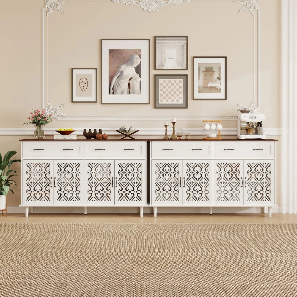Credenza Vintage ¨C MINIMAL ¨C Legno Massello, 4 Ante Intagliate, 2 Cassetti