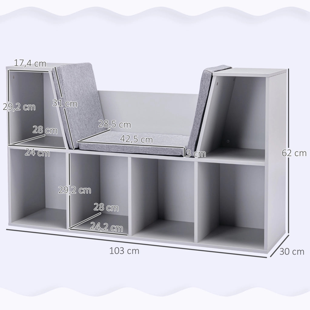 Libreria per bambini 2 in 1 con panca ¨C zephmum ¨C Bianco + Grigio 103x30x62 cm