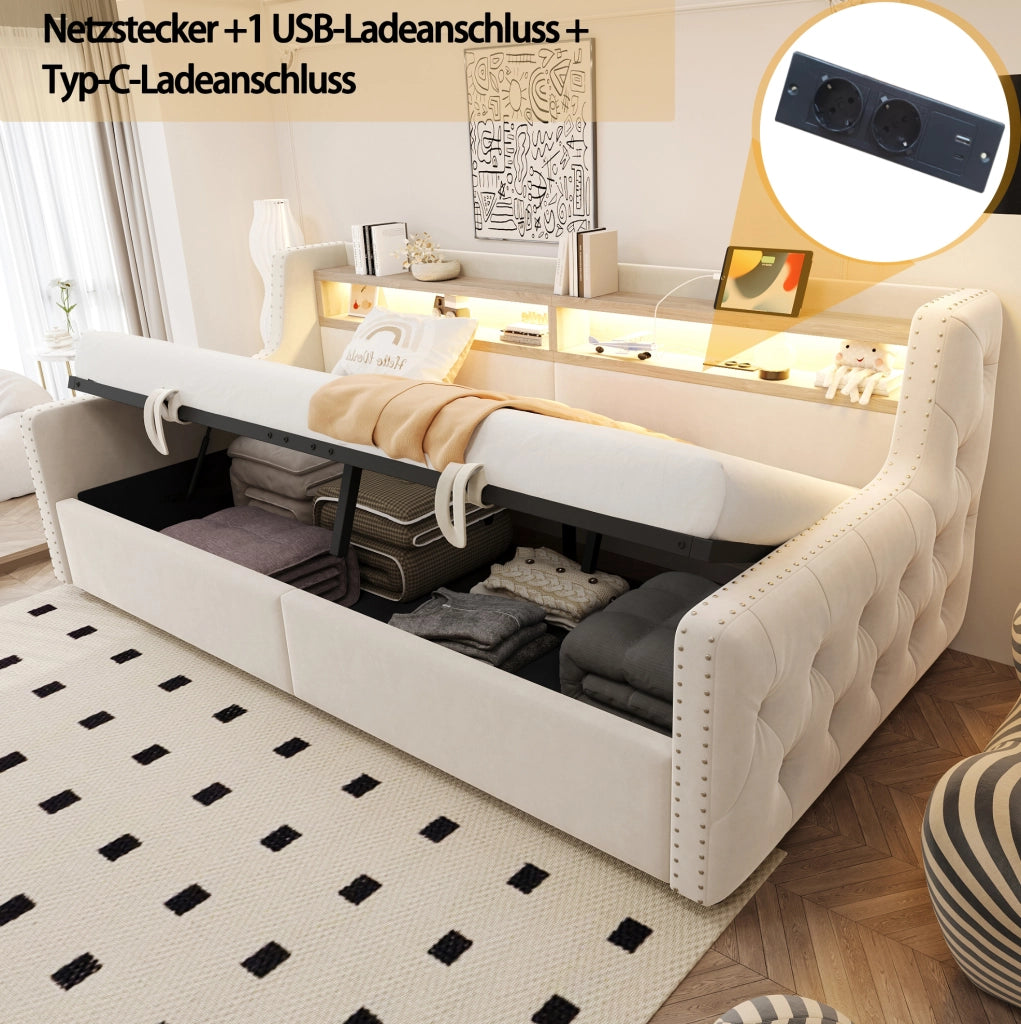 Divano letto 90x200 cm in velluto beige con contenitore; LED; presa e porta USB/Type-C