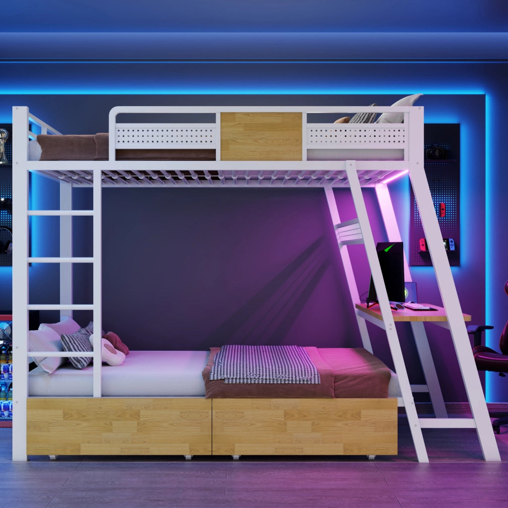 Letto a castello in metallo 90x200 cm con scrivania integrata; LED e vani contenitore; bianco