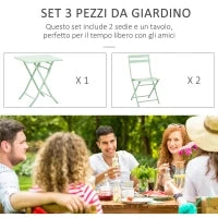 Set Tavolo e Sedie da Giardino ed Esterno in Metallo Verde, Set da 3 Pezzi Pieghevole e Salvaspazio