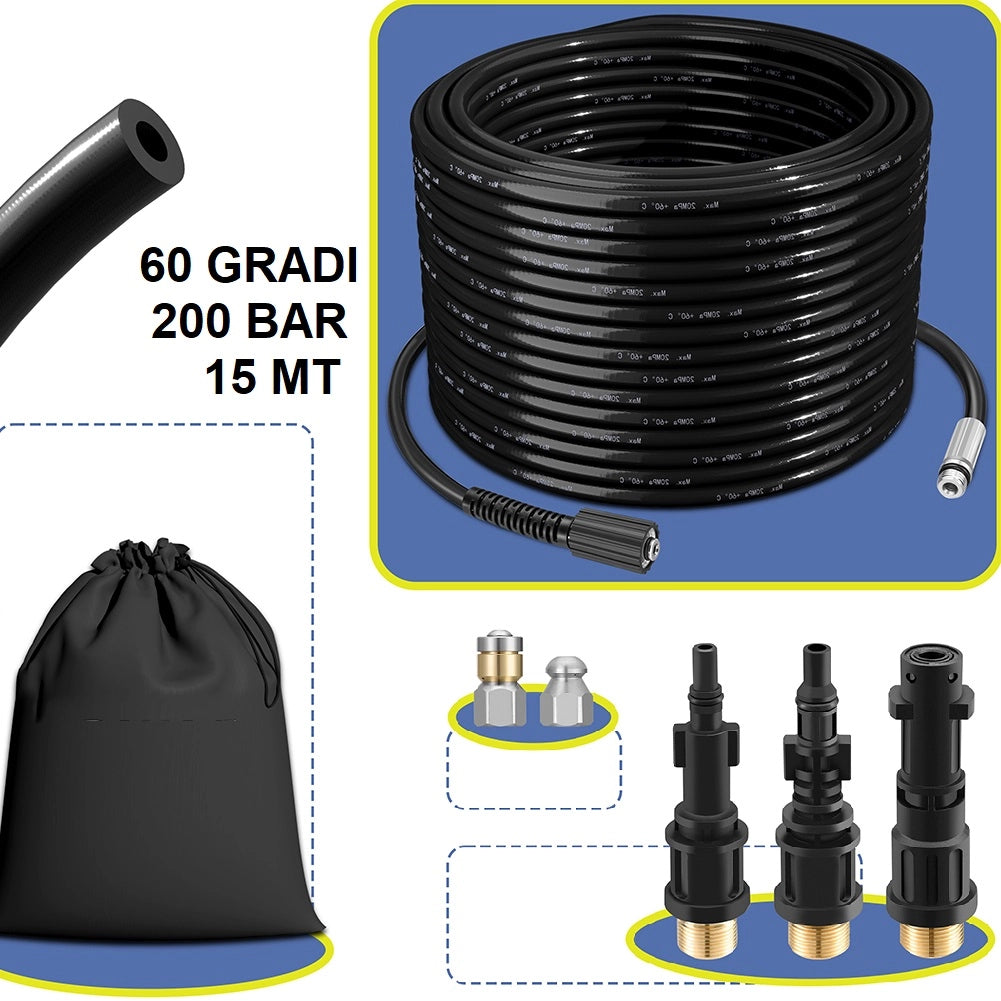 Micro Sonda Sturatubi per Idropulitrice 15mt 200Bar 5 Adattatori e Borsa Antipiega