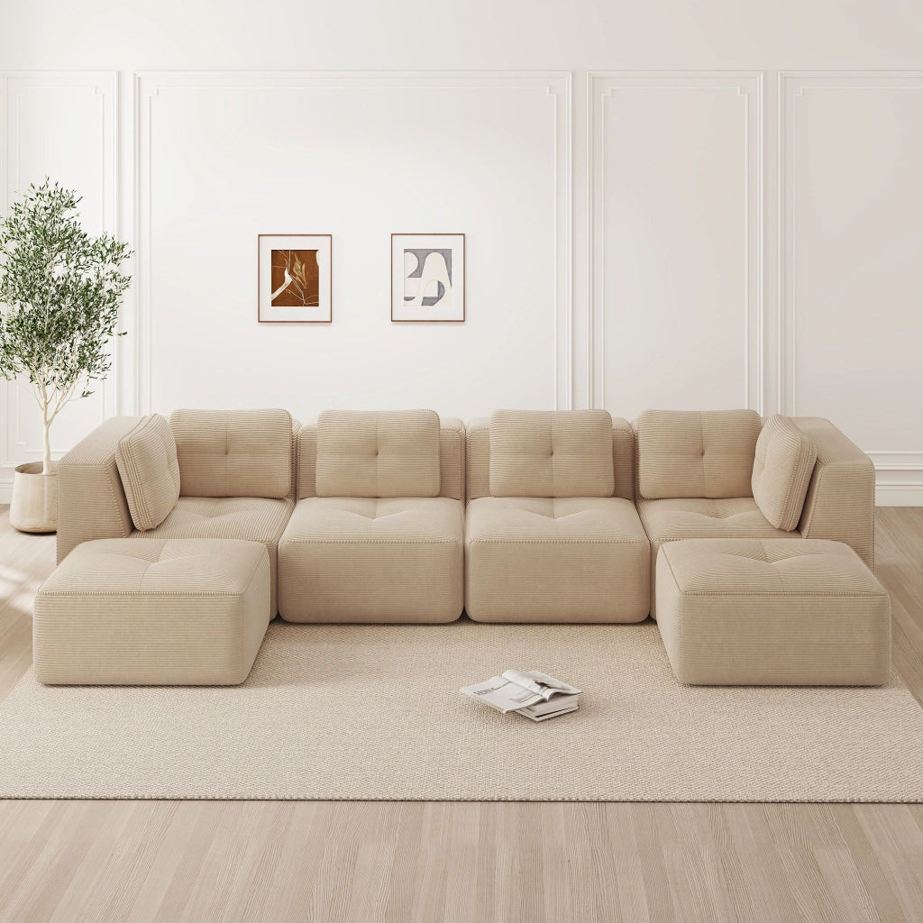 Divano modulare angolare senza struttura con braccioli larghi in velluto a coste beige