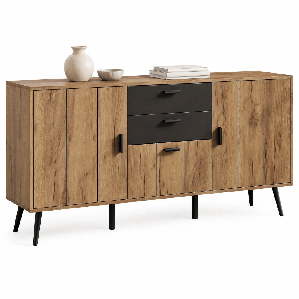 Sideboard 140x35x67 cm con 2 cassetti e 3 ante in MDF nero e naturale