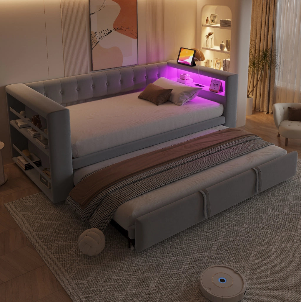 Divano letto multifunzione grigio chiaro 90/180x190 cm con LED