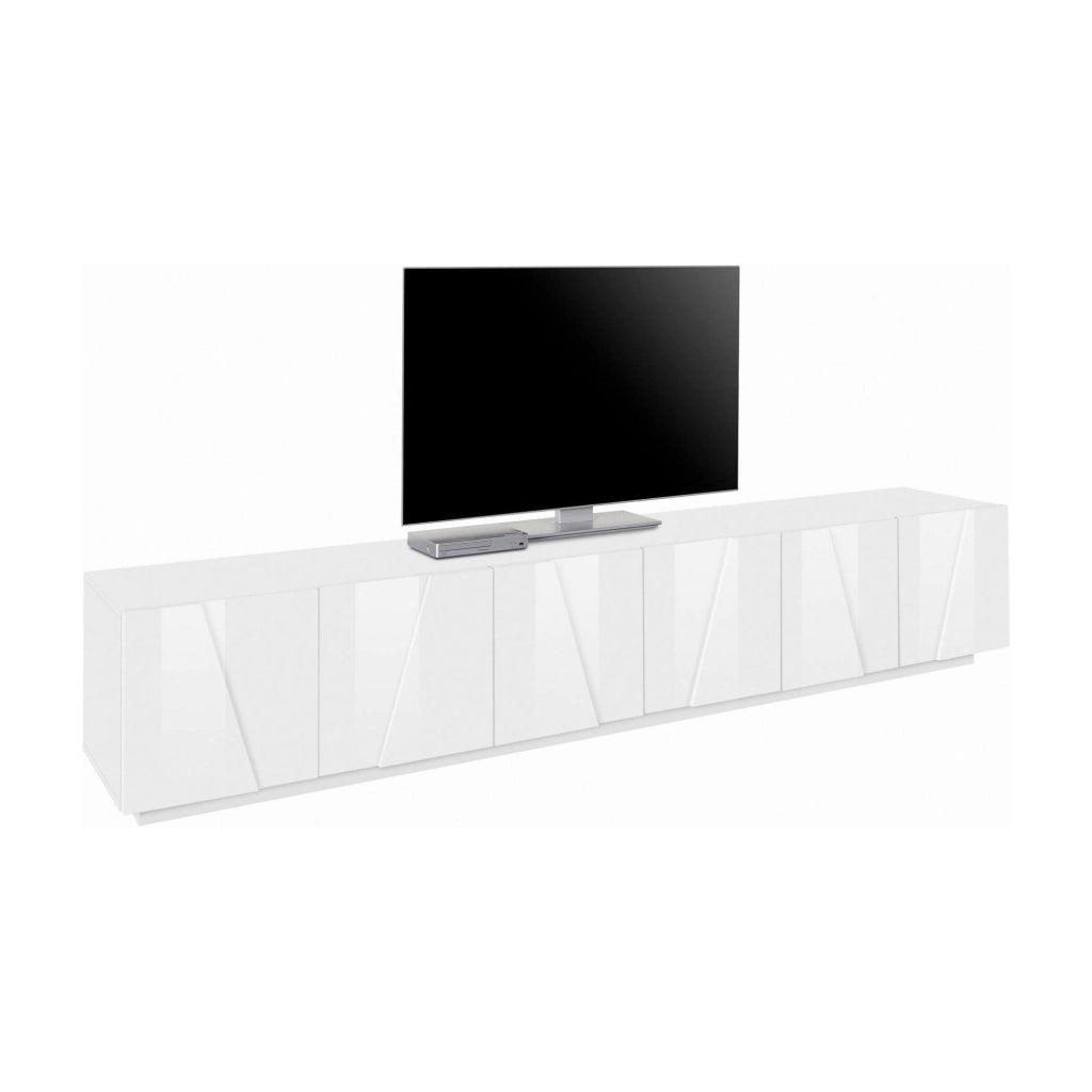 Mobile da soggiorno Porta Aemilor, Made in Italy, Credenza per Aemilor da salotto a 6 antine battenti con dettaglio, cm 244x44h46, Bianco lucido