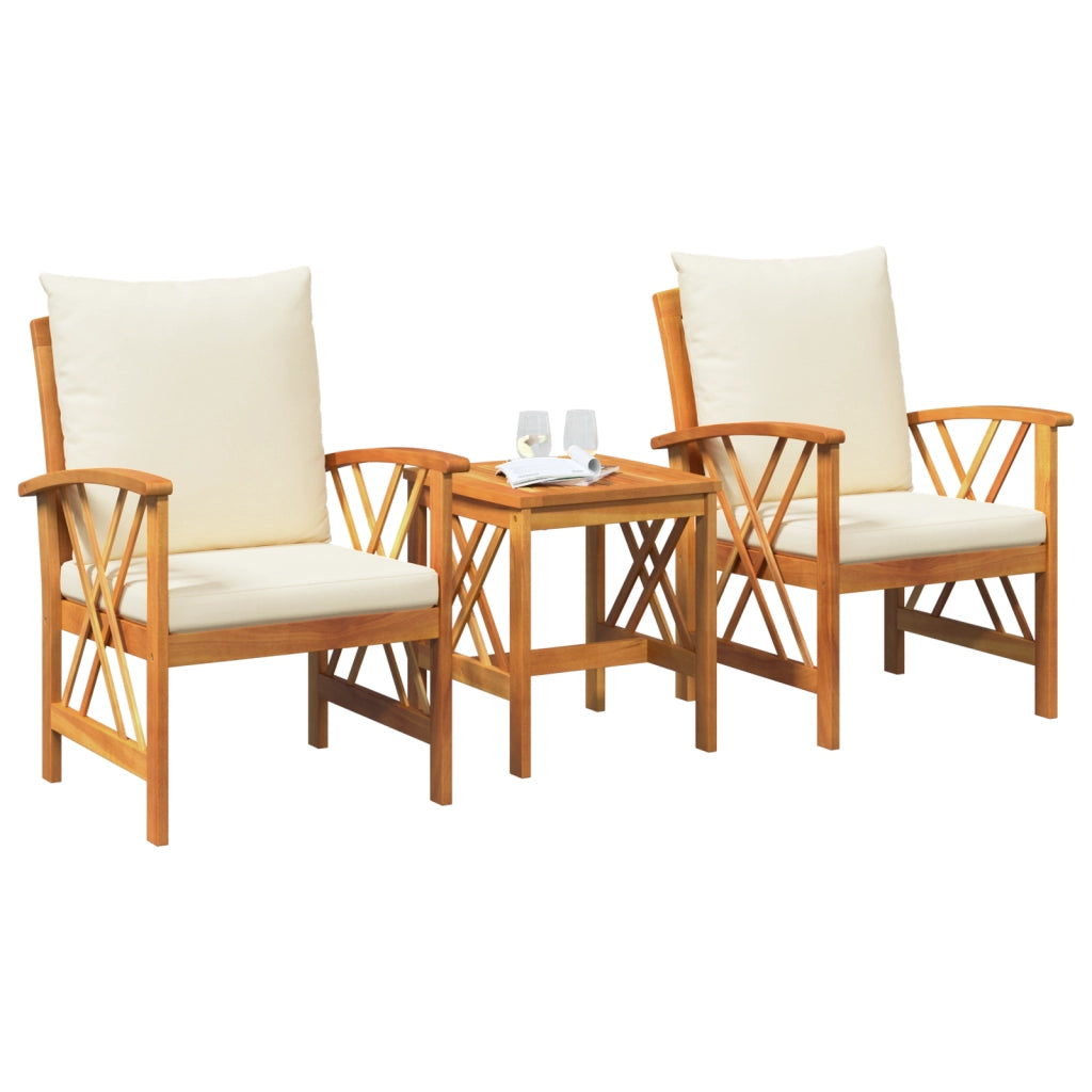 Set da giardino 3 pezzi con cuscini in legno massello di acacia