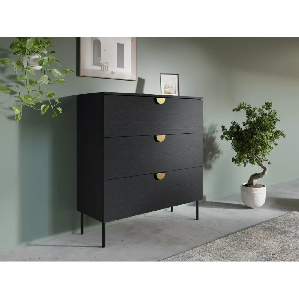 Comò MONDO – Nero strutturato e dorato – 3 cassetti – Piedi in metallo – Design moderno e funzionale
