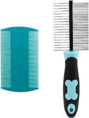 Kam per cani con doppia fila di denti in acciaio inossidabile per capelli lunghi e corti + pettine a doppia faccia in plastica con denti sottili