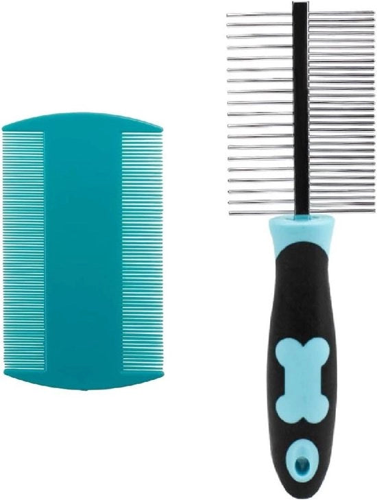Kam per cani con doppia fila di denti in acciaio inossidabile per capelli lunghi e corti + pettine a doppia faccia in plastica con denti sottili