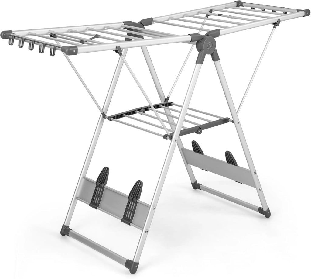 Stendibiancheria Pieghevole a 2 Livelli in Alluminio, Stendino Pieghevole con Altezza Regolabile a 5 Livelli, 21 Bacchette, 10 Mollette Laterali, 4 Supporti per Scarpe, Interni ed Esterni