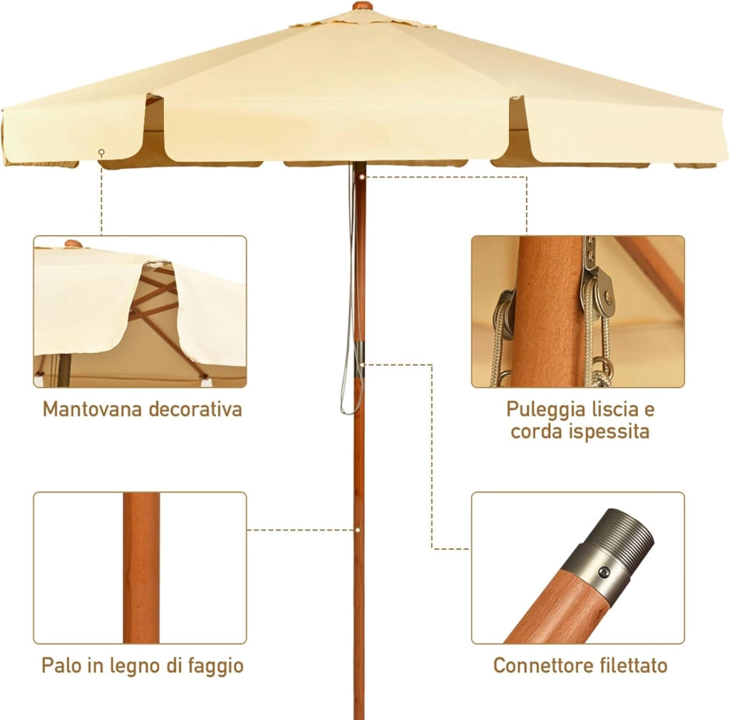 Ombrellone da Giardino 300 cm, Ombrellone da Esterno con Pulsante Manuale e Inclinazione Regolabile, Protezione UV, Ideale per Piscina, Balcone, Giardino (Beige)
