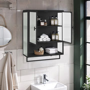 Credenza da parete moderna nera con ante in vetro, ripiano aperto e barra porta asciugamani, 60 x 23 x 78 cm