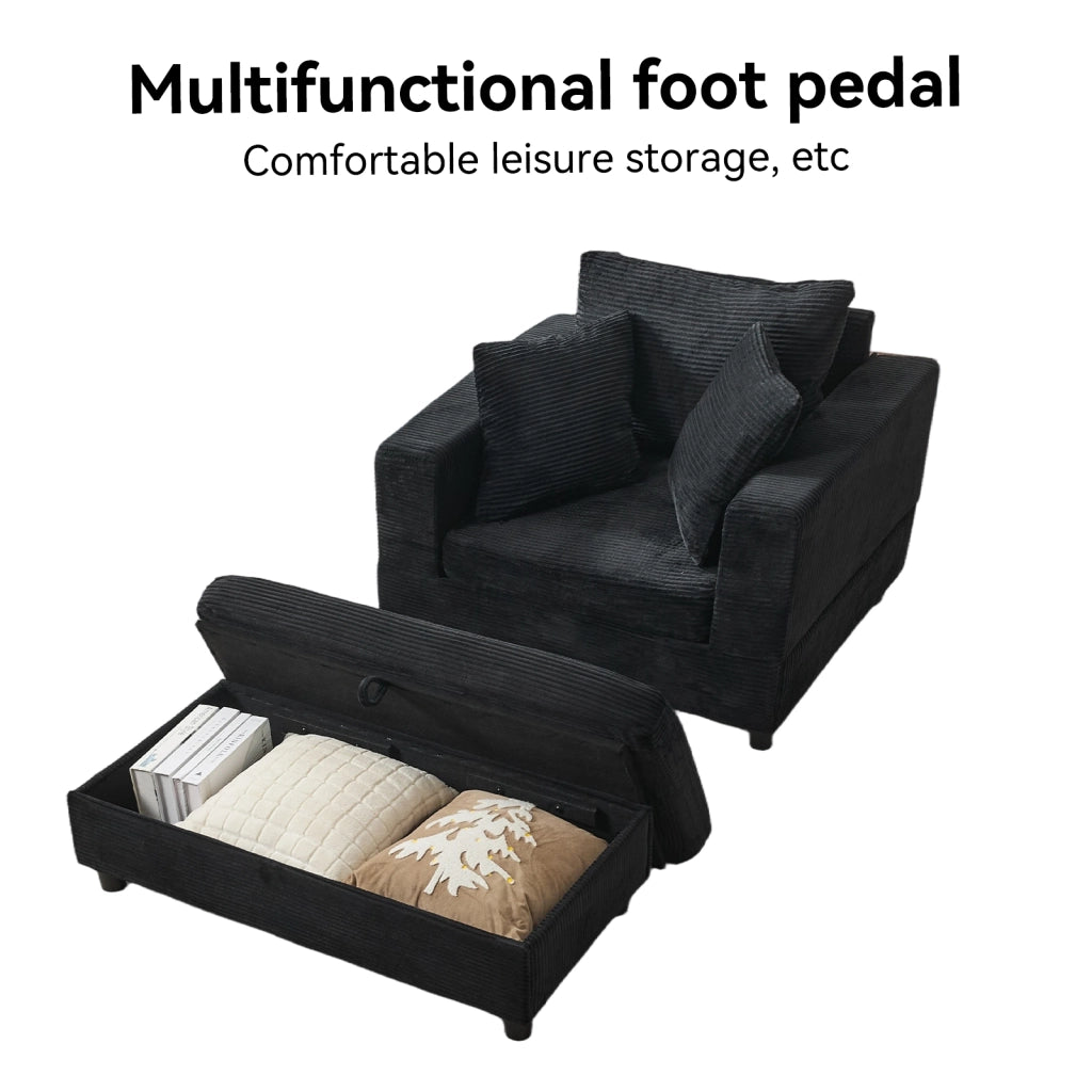 Divano chaise longue con vano contenitore e 3 cuscini in corda, gambe in plastica rinforzata, nero 107 × 74 × 57 cm
