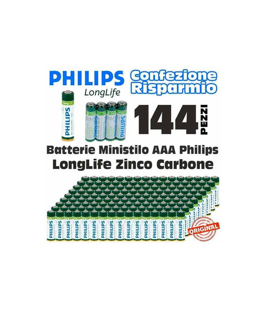 144 X Batterie Pile Ministilo Philips Zinco Carbon Longlife Batteria Aaa R3 1,5v         