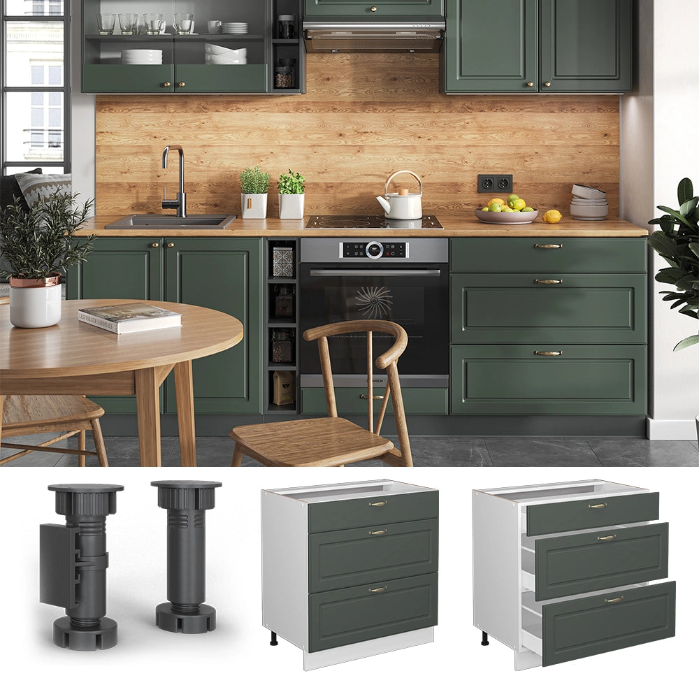 Mobiletto base per cucina Fame-Line Verde-oro rustico/Bianco 80 cm con 3 cassetti, PL Antracite Vicco