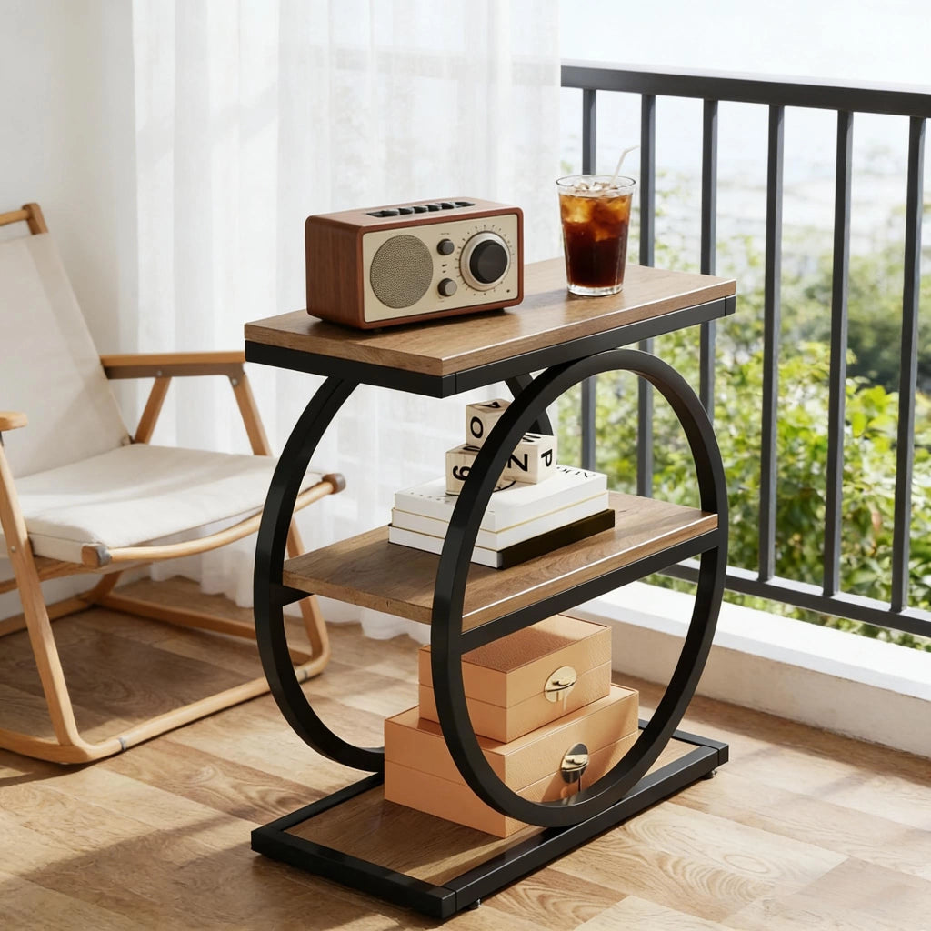 Tavolino basso fisso a 3 ripiani in MDF e metallo nero e marrone per soggiorno e camera da letto 73 × 62 × 12 cm