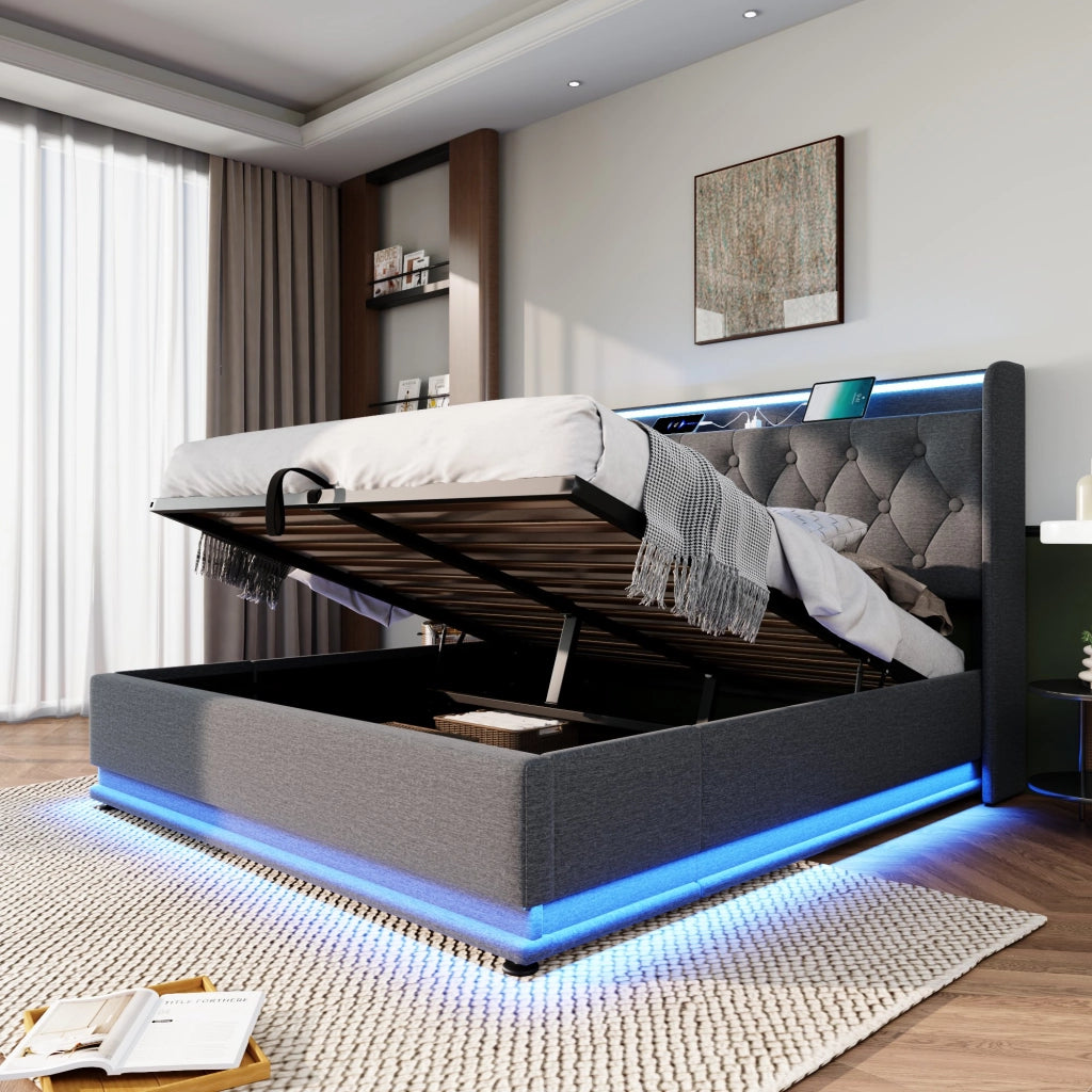Letto matrimoniale – 140x200 cm – LED 360° APP USBC con materasso – lino grigio