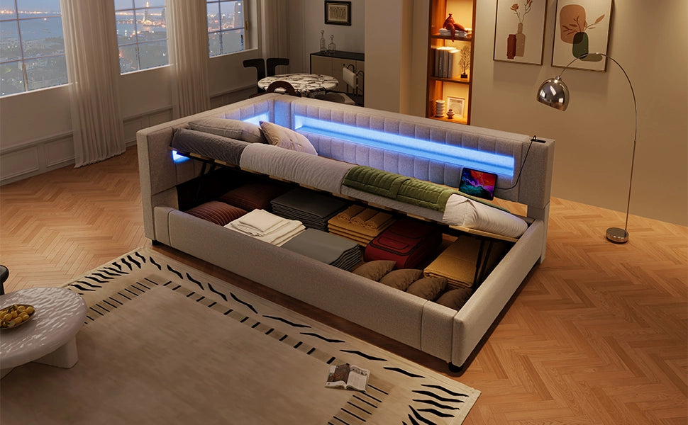 DESMIU Lit daybed 90 × 200 cm con vano contenitore idraulico, LED, USB e Type-C, senza materasso, beige