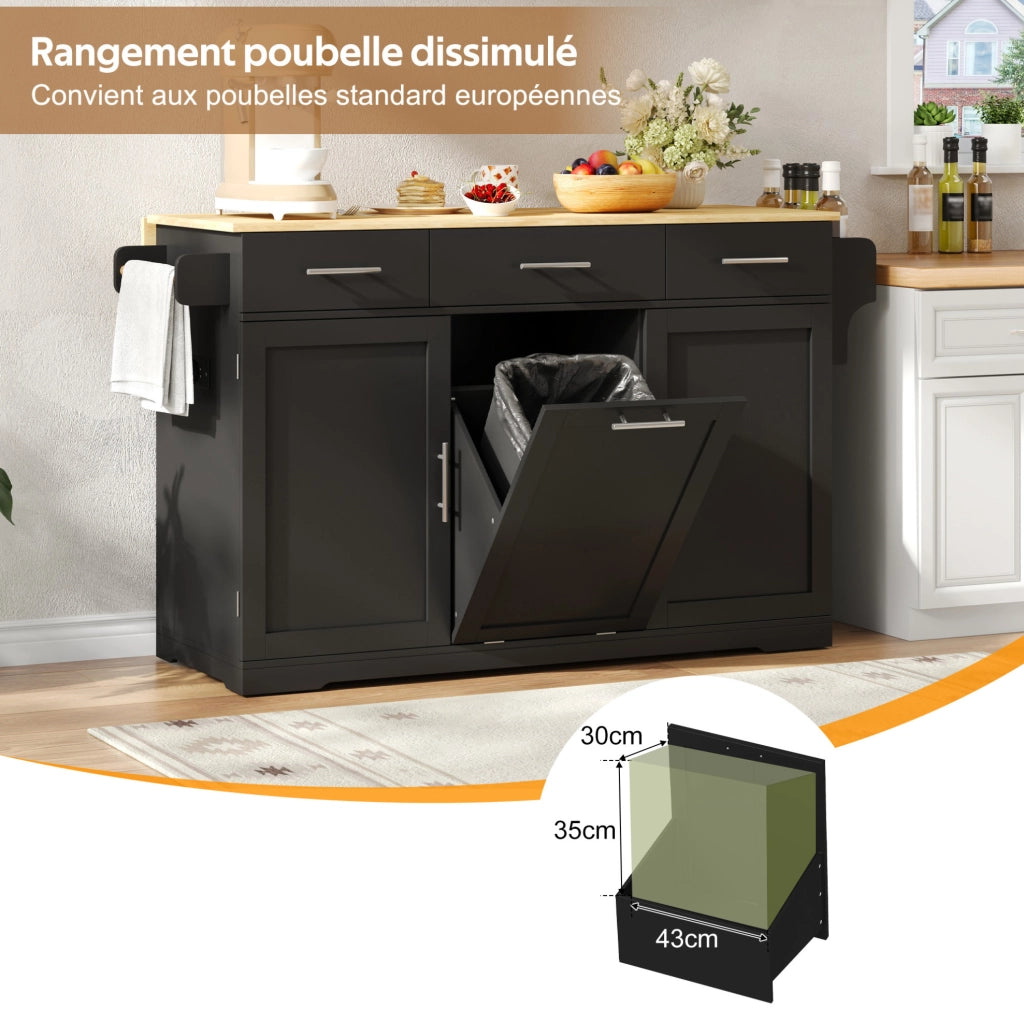 Isola da cucina mobile 136 x 75 x 92 cm in MDF nero e naturale; con prese integrate e 3 cassetti