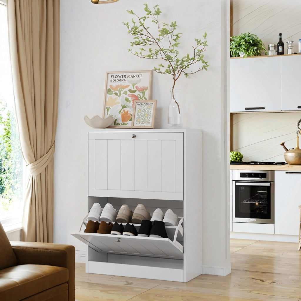 Armadio per scarpe a scomparsa - Zephmum- 60 cm - Bianco - 2 cassetti ribaltabili, stile Mid-Century Modern
