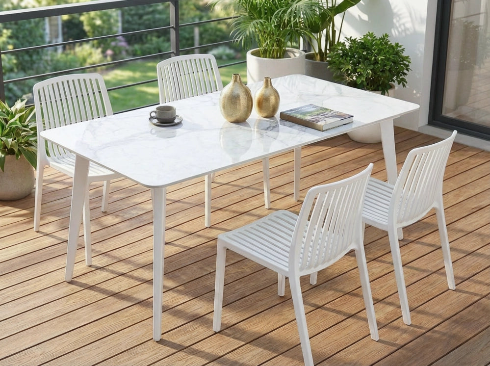Tavolo da pranzo da giardino Piano in pietra sinterizzata Struttura in ferro Resistente ai raggi UV, all'acqua e alla ruggine Per interni ed esterni Marmo bianco