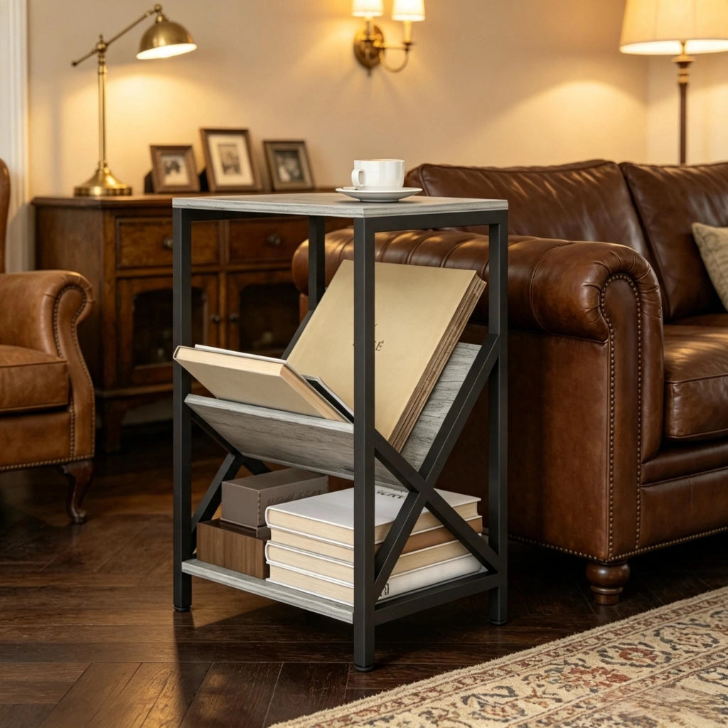 Consolle stretta con organizer a V e ripiano inferiore in legno grigio scuro e acciaio 40 × 30 × 61 cm
