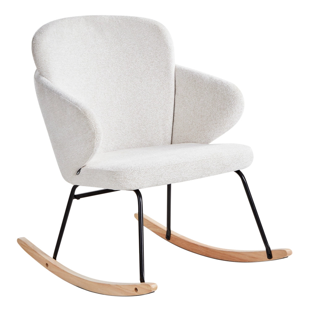 Sedia a dondolo in tessuto bianco sporco gambe in legno e metallo pattini design moderno soggiorno