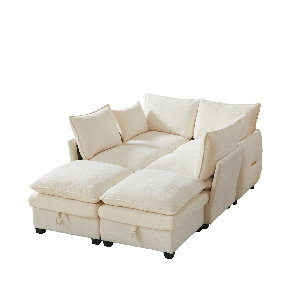 Divano U Modulare con Contenitore ¨C MINIMAL ¨C Velluto Chenille, Cuscini, Braccioli, Legno Massello