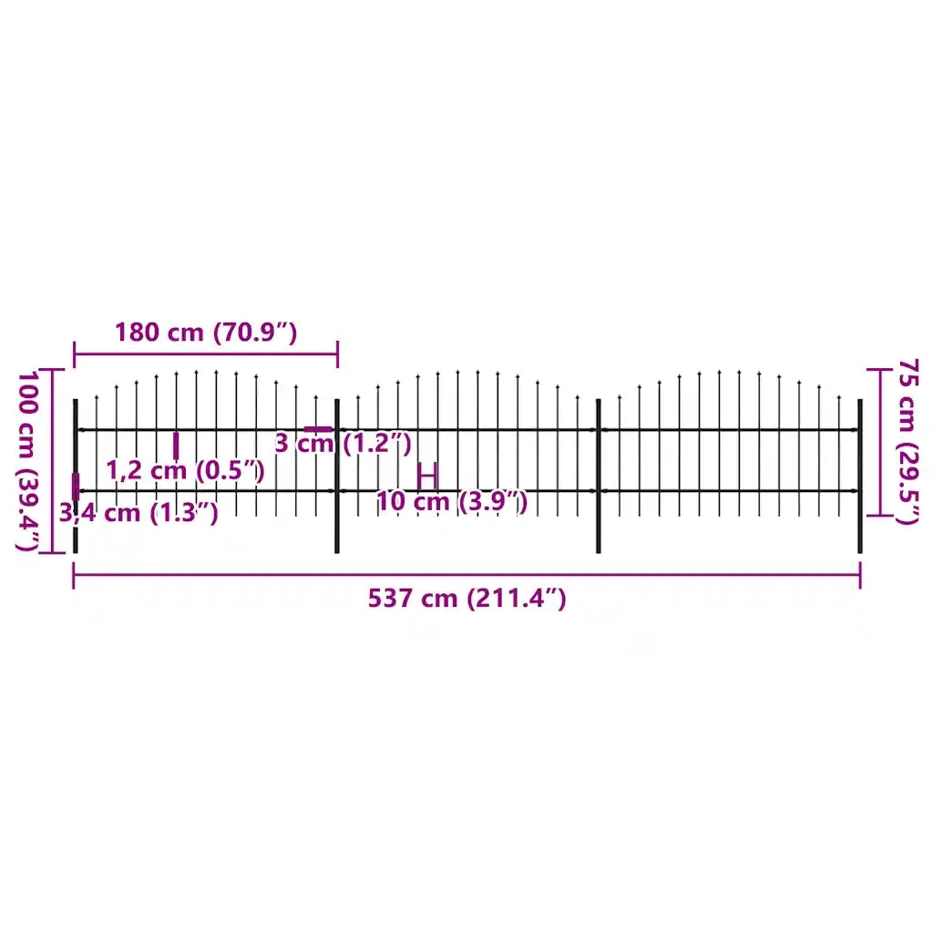 Recinzione da Giardino | Recinzione da cortile con Punta a Lancia in Acciaio 537x100 cm Nera